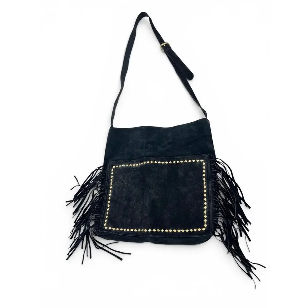 Vintage Steve Madden Black Suede Leather Fringe Studded Crossbody Bag Shoulder
